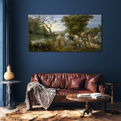 Glasbild Paradiesische Landschaft mit Fauna und Flora