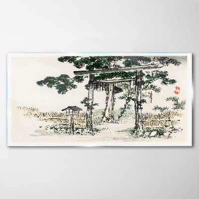 Glasbild Torii-Tor in einer friedlichen Landschaft