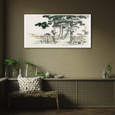 Glasbild Torii-Tor in einer friedlichen Landschaft