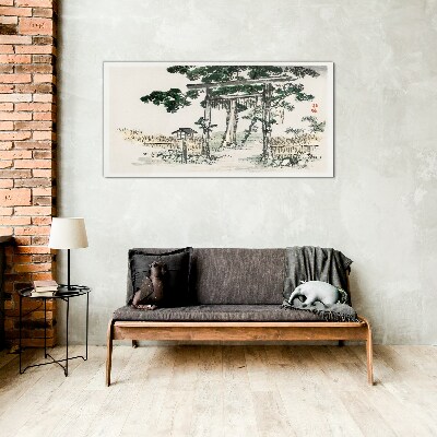 Glasbild Torii-Tor in einer friedlichen Landschaft