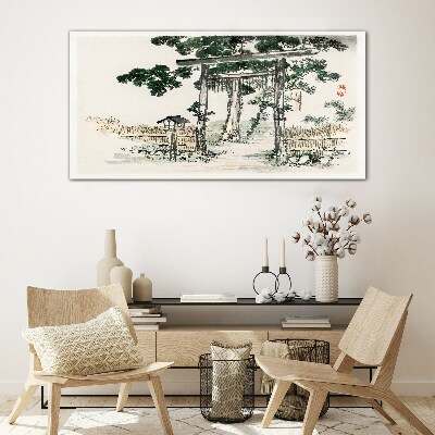 Glasbild Torii-Tor in einer friedlichen Landschaft