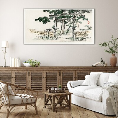 Glasbild Torii-Tor in einer friedlichen Landschaft