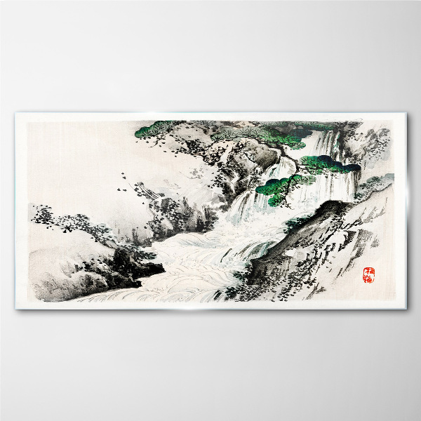 Glasbild Wasserfall in einer Berglandschaft