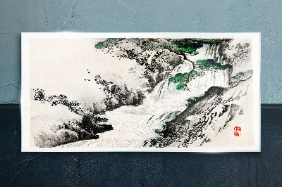 Glasbild Wasserfall in einer Berglandschaft
