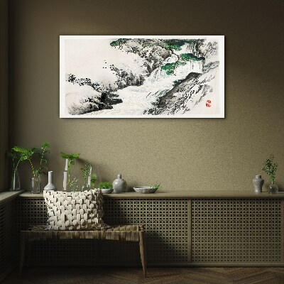 Glasbild Wasserfall in einer Berglandschaft