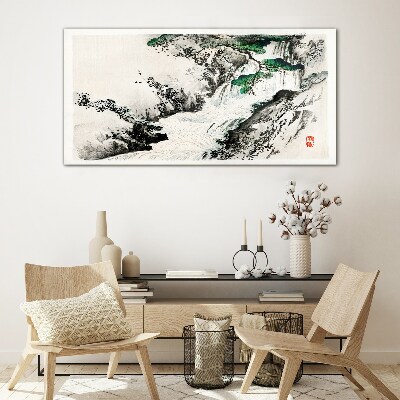 Glasbild Wasserfall in einer Berglandschaft