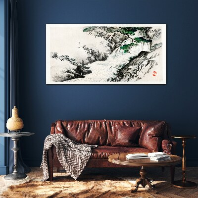 Glasbild Wasserfall in einer Berglandschaft