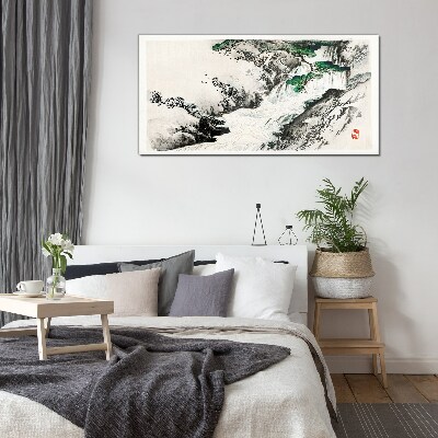 Glasbild Wasserfall in einer Berglandschaft