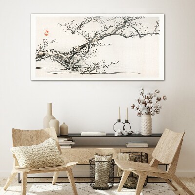 Glasbild Blühender Zweig im japanischen Stil