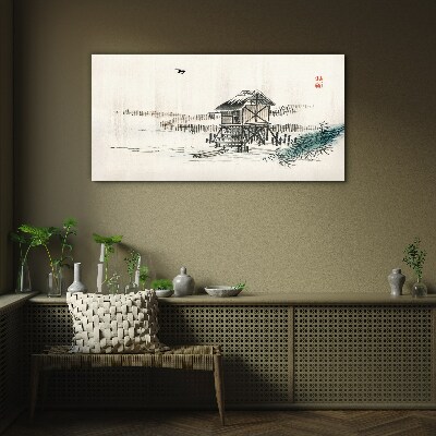 Glasbild Ein ruhiges Ferienhaus am Wasser
