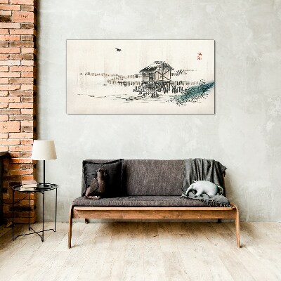 Glasbild Ein ruhiges Ferienhaus am Wasser