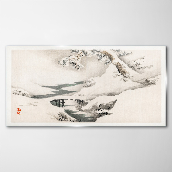 Glasbild Winterlandschaft mit Brücke