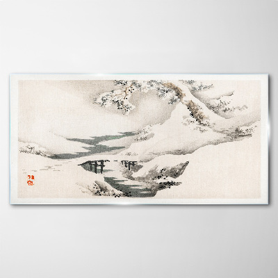 Glasbild Winterlandschaft mit Brücke