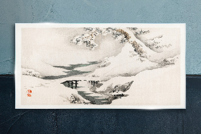 Glasbild Winterlandschaft mit Brücke