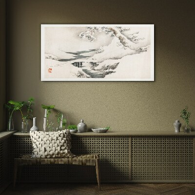 Glasbild Winterlandschaft mit Brücke