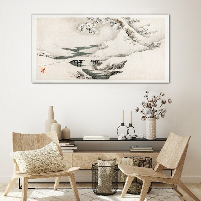 Glasbild Winterlandschaft mit Brücke