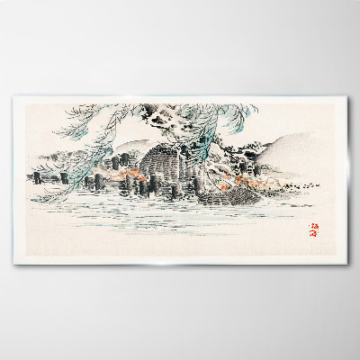 Glasbild Eine friedliche Landschaft mit einem Bergsee