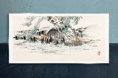 Glasbild Eine friedliche Landschaft mit einem Bergsee