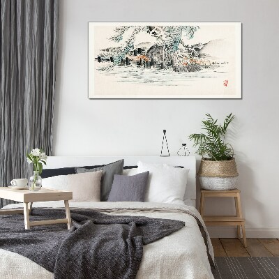 Glasbild Eine friedliche Landschaft mit einem Bergsee