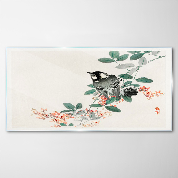 Glasbild Vogel auf einem Hintergrund aus Blumen