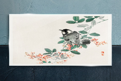 Glasbild Vogel auf einem Hintergrund aus Blumen