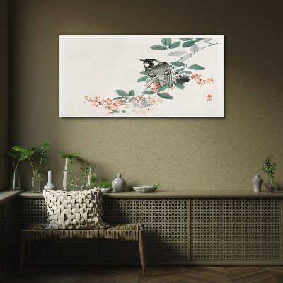 Glasbild Vogel auf einem Hintergrund aus Blumen