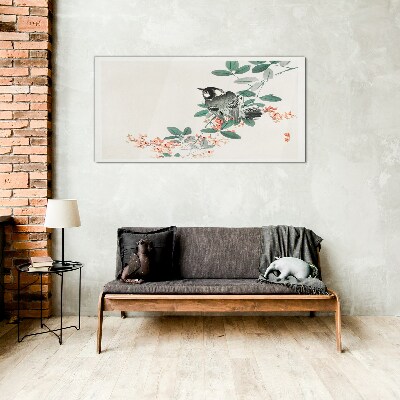 Glasbild Vogel auf einem Hintergrund aus Blumen