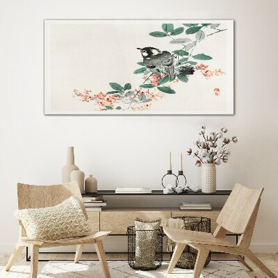 Glasbild Vogel auf einem Hintergrund aus Blumen