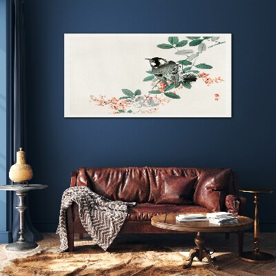 Glasbild Vogel auf einem Hintergrund aus Blumen