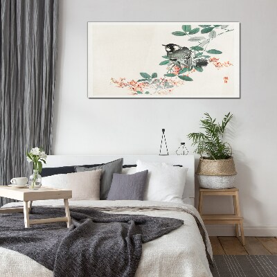 Glasbild Vogel auf einem Hintergrund aus Blumen