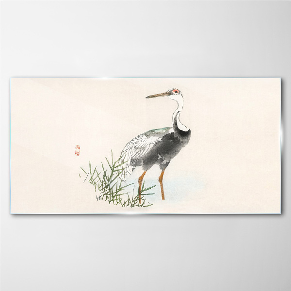 Glasbild Schwarzstorch auf dem Grashintergrund