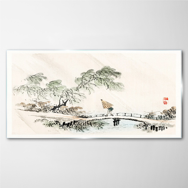 Glasbild Eine friedliche Landschaft mit einer Brücke