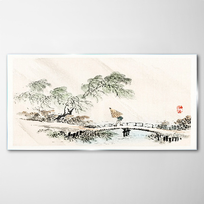 Glasbild Eine friedliche Landschaft mit einer Brücke