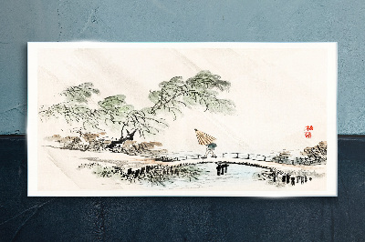 Glasbild Eine friedliche Landschaft mit einer Brücke