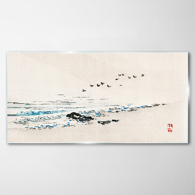 Glasbild Friedliche Küste mit Vögeln