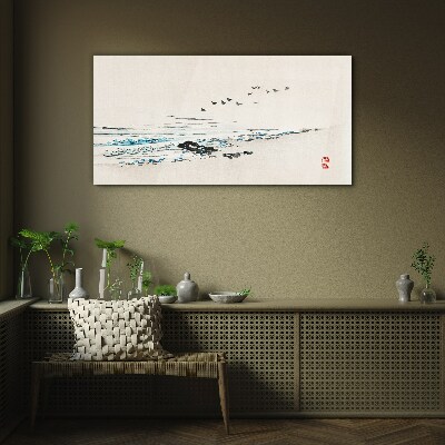 Glasbild Friedliche Küste mit Vögeln