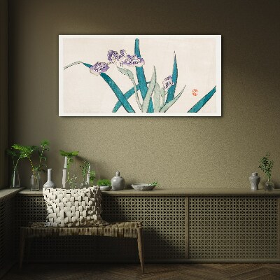 Glasbild Irisblüten auf hellem Hintergrund