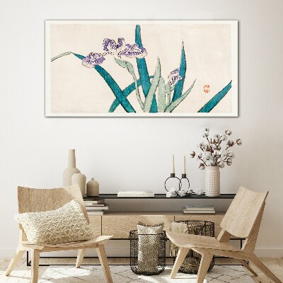 Glasbild Irisblüten auf hellem Hintergrund