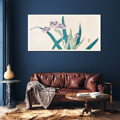 Glasbild Irisblüten auf hellem Hintergrund