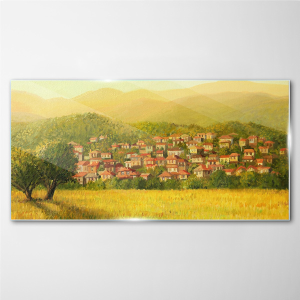 Glasbild Ein sonniges Dorf inmitten der Hügel