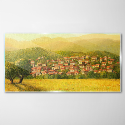 Glasbild Ein sonniges Dorf inmitten der Hügel