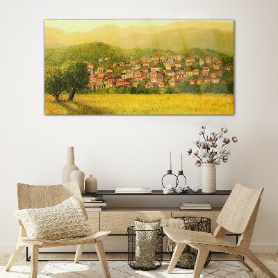 Glasbild Ein sonniges Dorf inmitten der Hügel