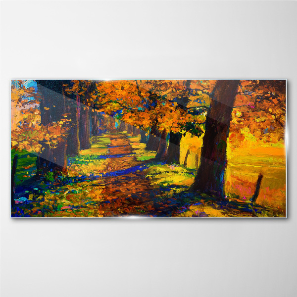 Glasbild Goldene Allee in der Herbstsonne
