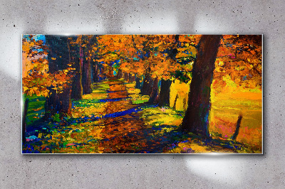 Glasbild Goldene Allee in der Herbstsonne