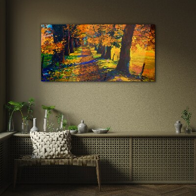 Glasbild Goldene Allee in der Herbstsonne