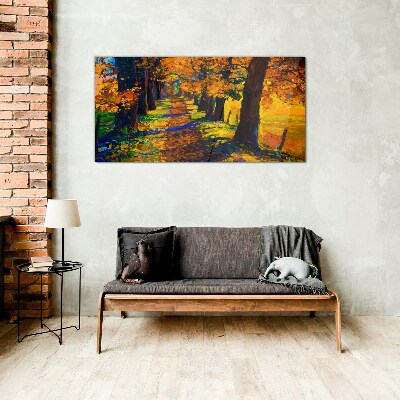 Glasbild Goldene Allee in der Herbstsonne