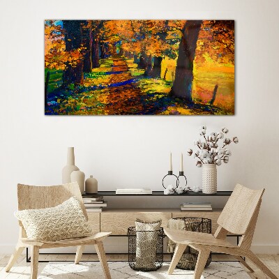 Glasbild Goldene Allee in der Herbstsonne