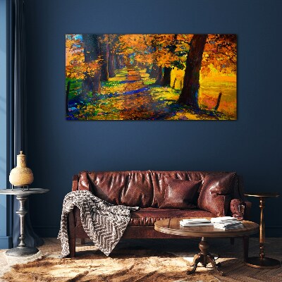 Glasbild Goldene Allee in der Herbstsonne