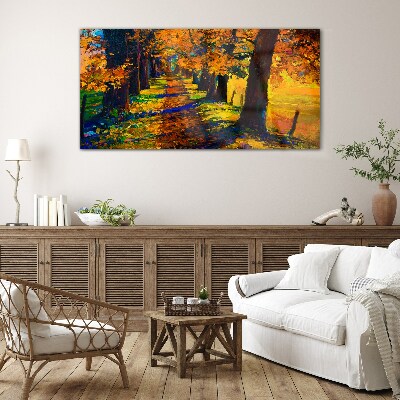 Glasbild Goldene Allee in der Herbstsonne