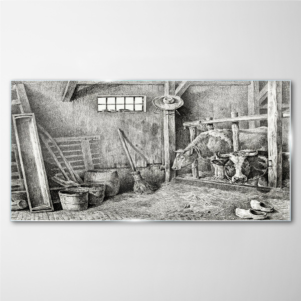 Glasbild Ein Pferch mit Kühen und Werkzeug